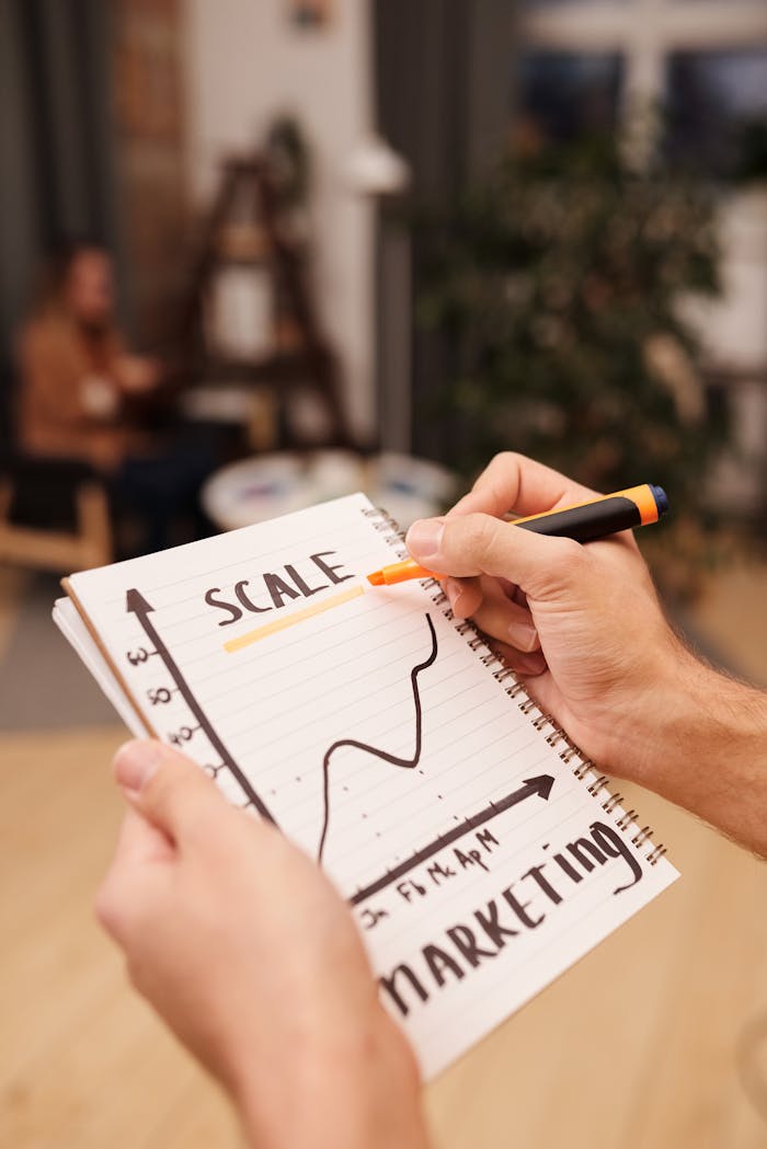 Contact A person draws a marketing scale graph on a notebook with a marker.